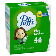 Load image into Gallery viewer, Puffs Plus Lotion Facial Tissues, 4 Mega Cube Boxes, 72 Facial Tissues per Cube

