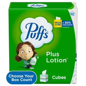 Puffs Plus Lotion Facial Tissues, 4 Mega Cube Boxes, 72 Facial Tissues per Cube