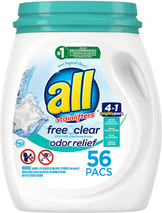 All Mighty Pacs Laundry Detergent Free and Clear Odor Relief 56 Count